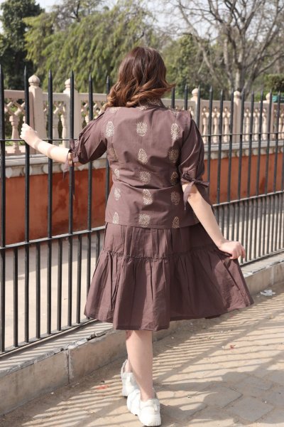 Coffee Dress With Handblock Jacket