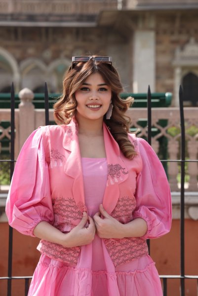 Baby Pink Dress With Handblock Jacket