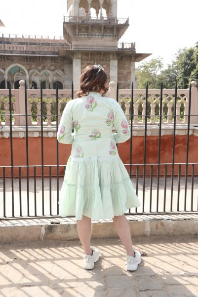 Mint Dress With Handblock Jacket