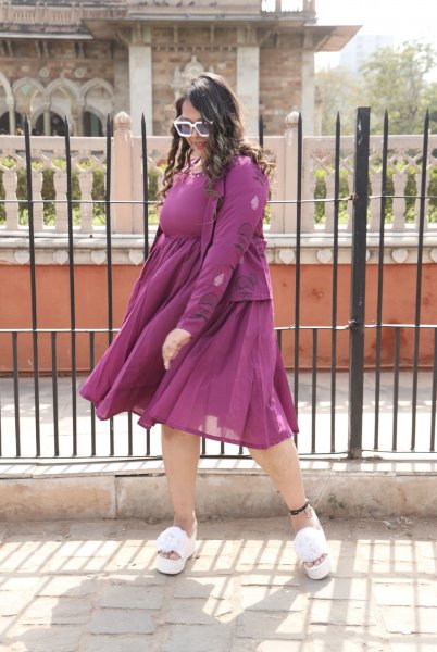 Wine Dress With Handblock Jacket