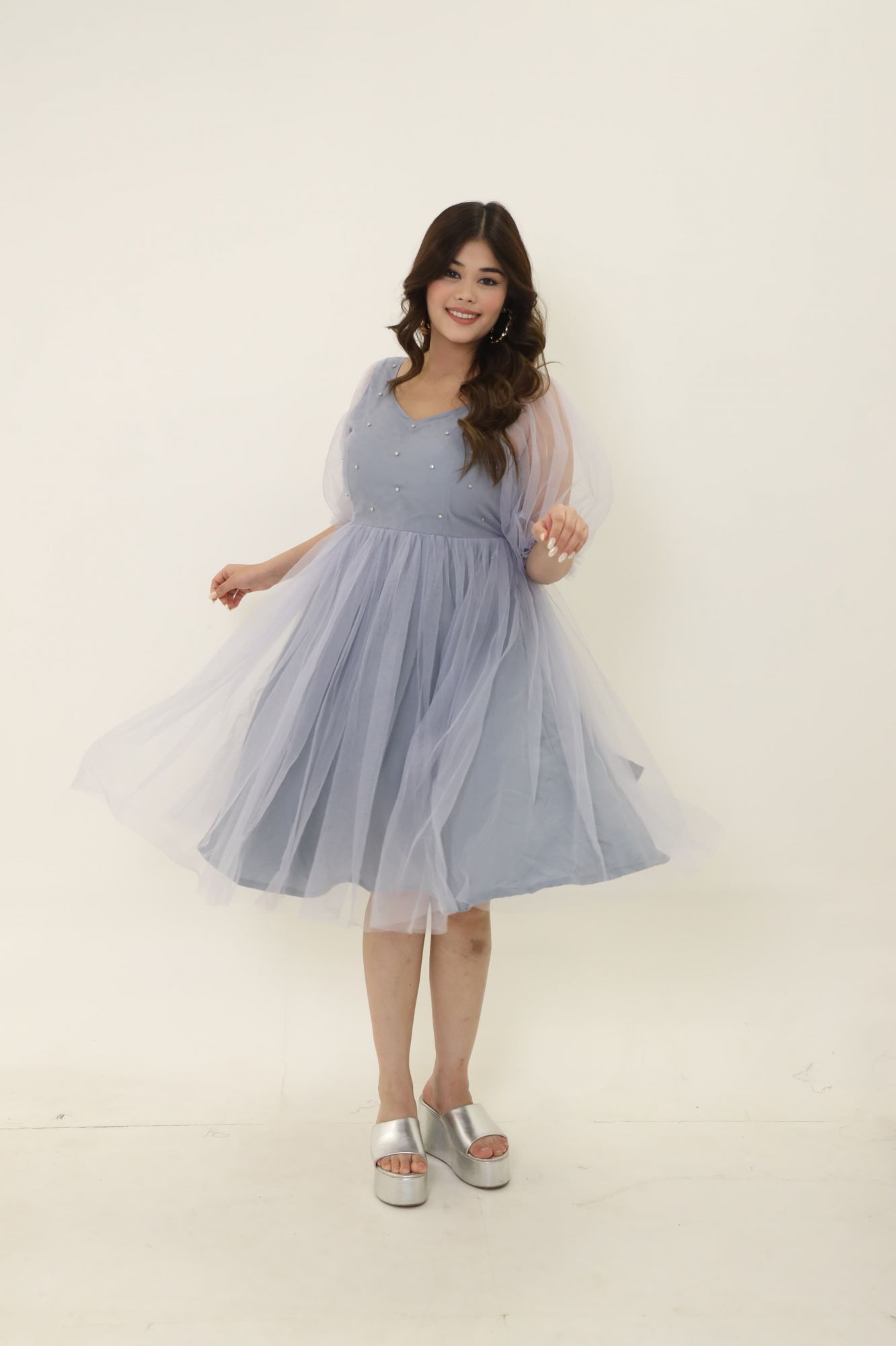 Grey Star Embellished Flared Short Dress