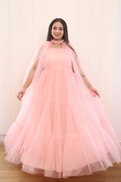 Image of Peach Pearl Net Frill Gown With Collarband