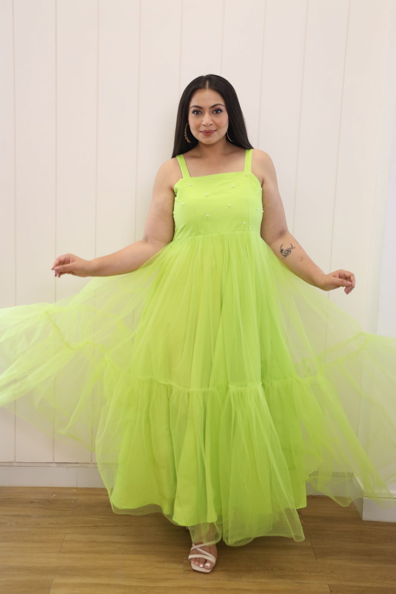 Neon Pearl Net Frill Gown