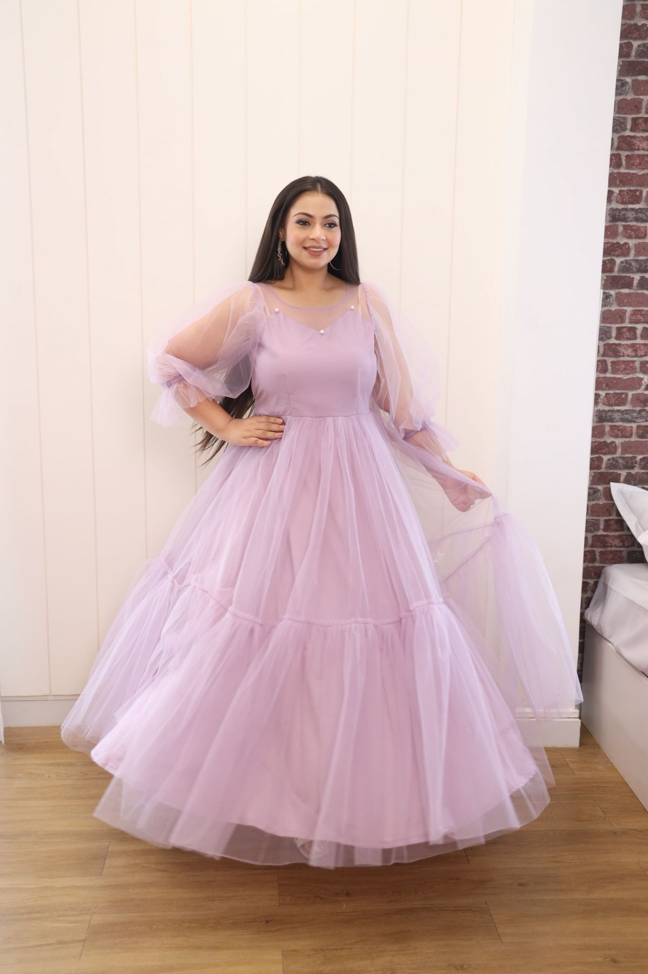 Dusty Lavender Pearl Net Frill Gown1