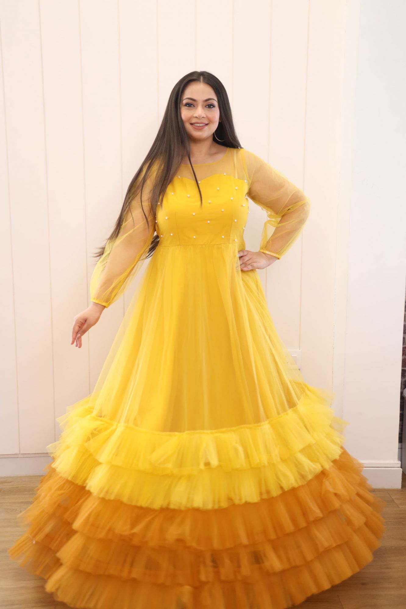 yellow net dress design Buy Yellow Pearlwork Net Gown