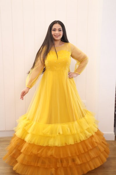 Image of Yellow Shaded Pearl Net Frill Gown