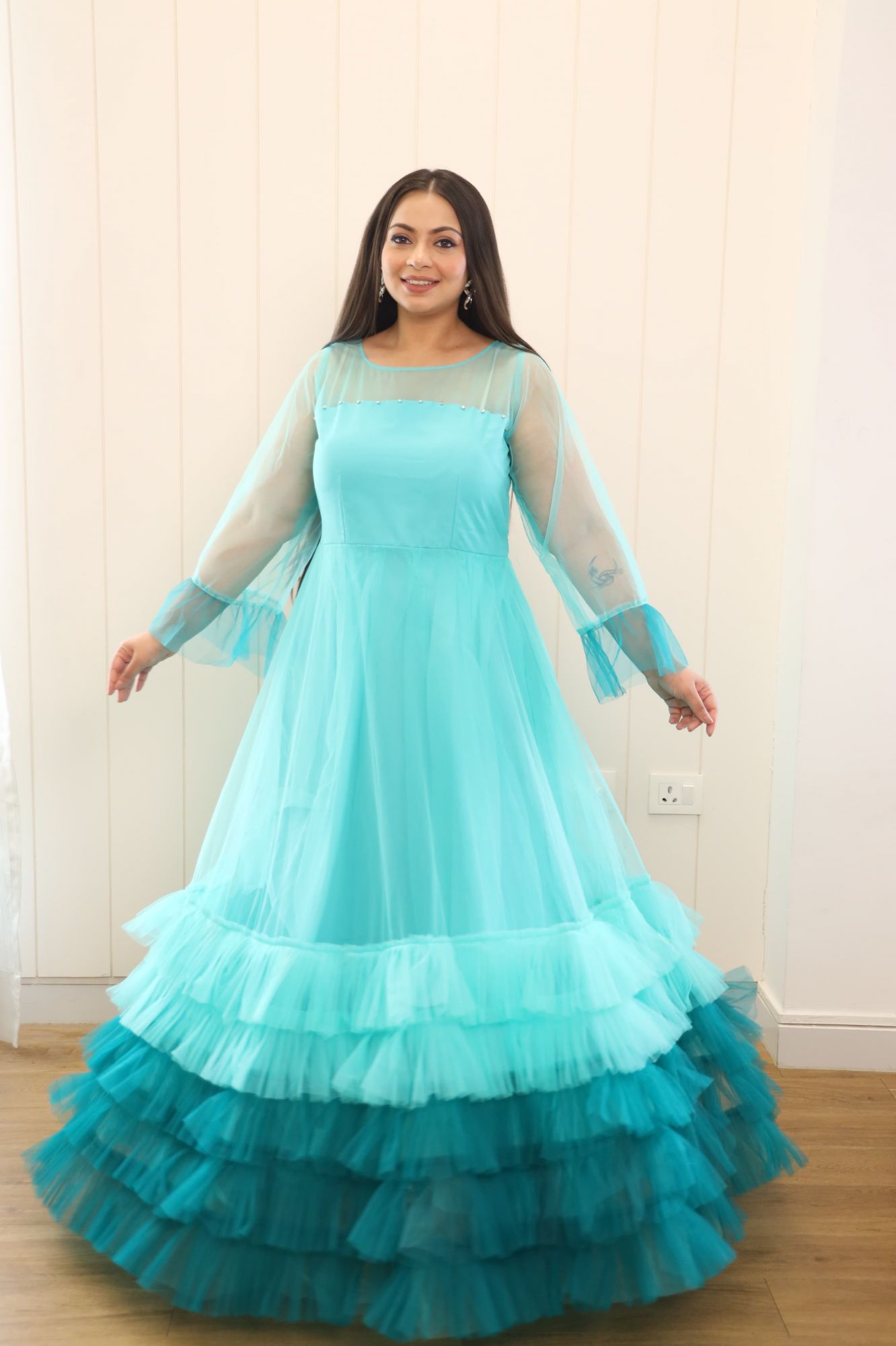 Blue Shaded Pearl Net Frill Gown