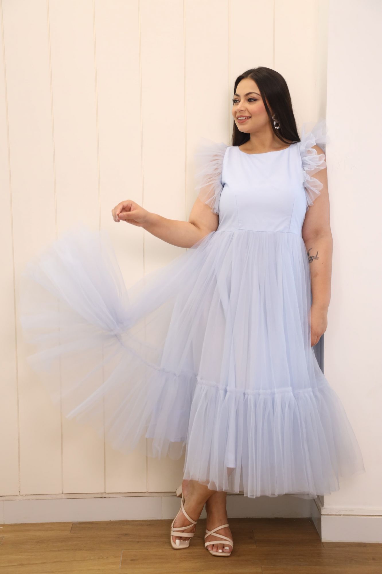 Greyish Blue Flared Short Dress