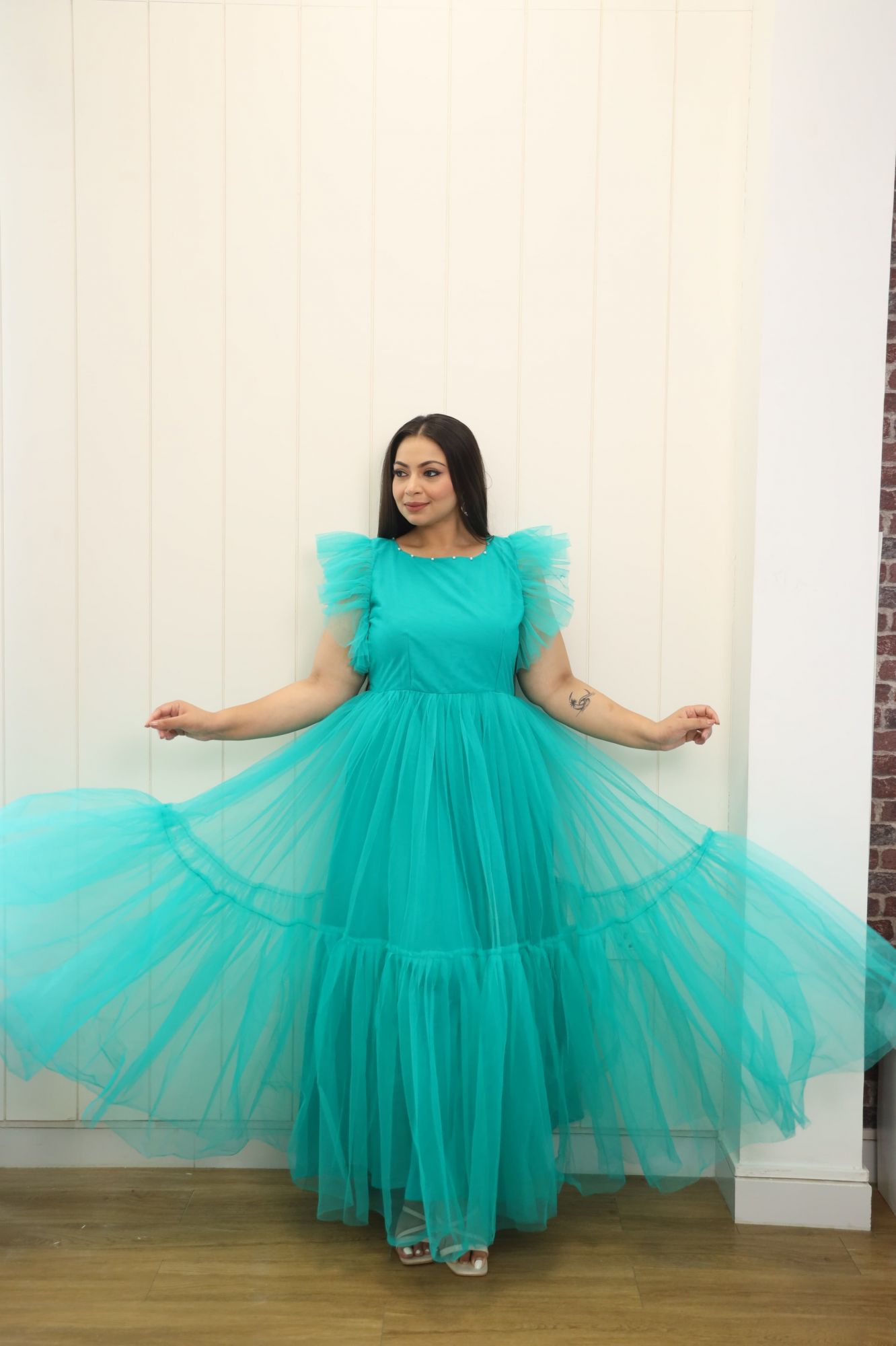 Blue Heart Pearl Net Frill Gown