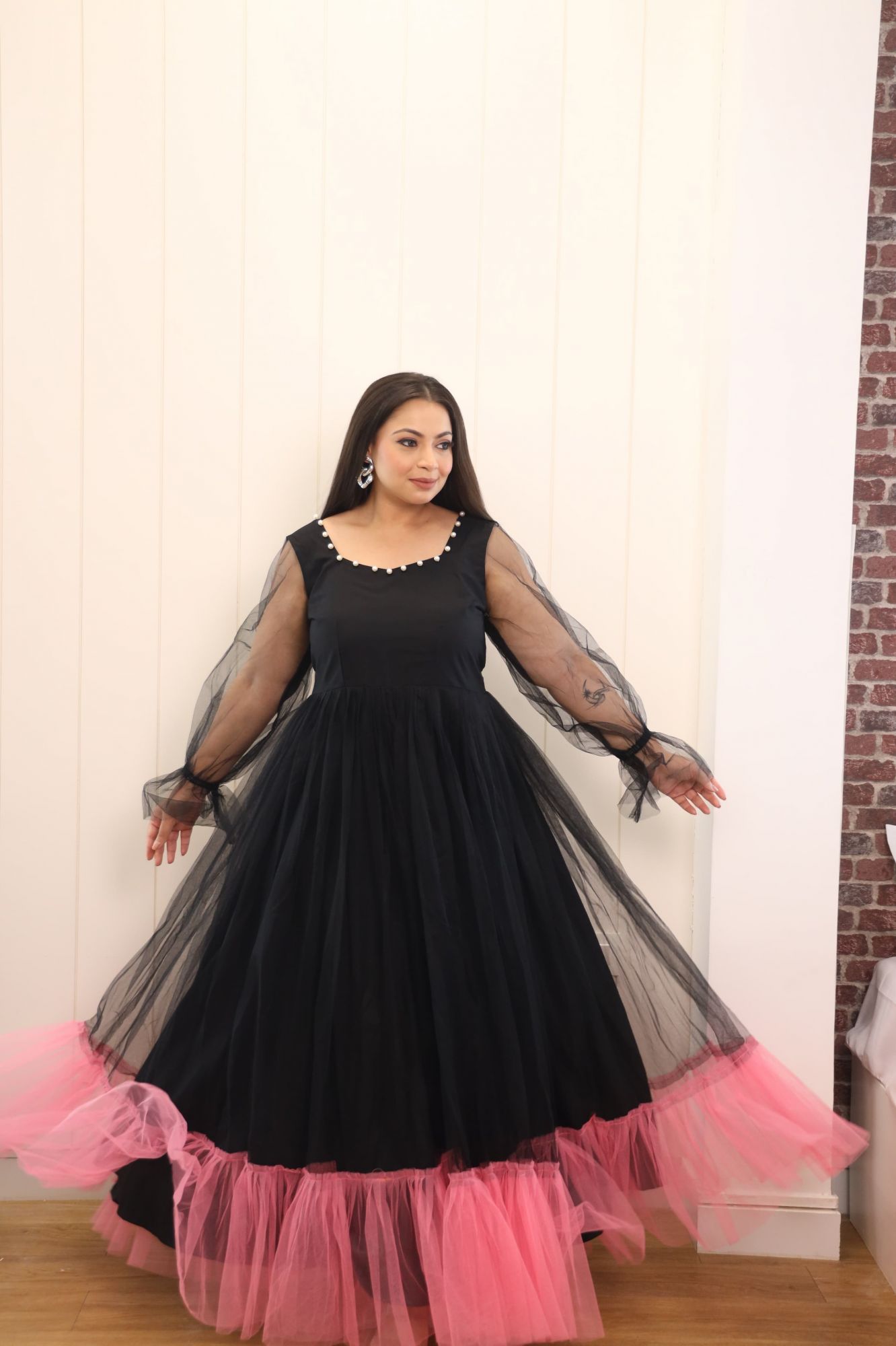 Black And Pink Net Frill Gown