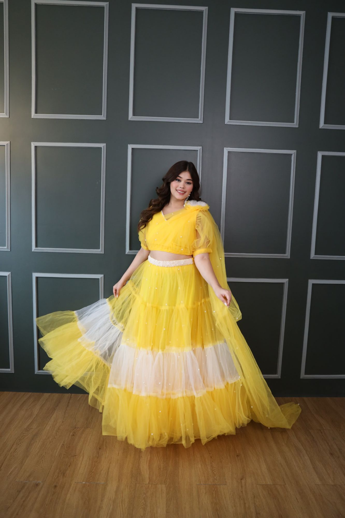 Zahra Pearl Yellow And White Lehenga Set