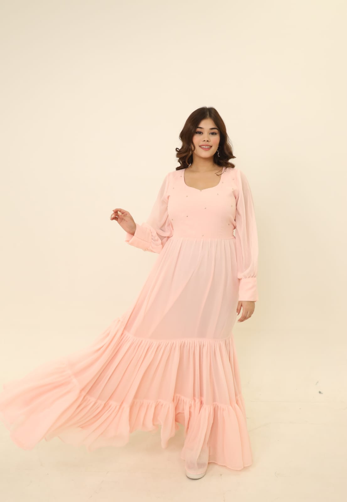 Pastel Peach Tiered Georgette Dress