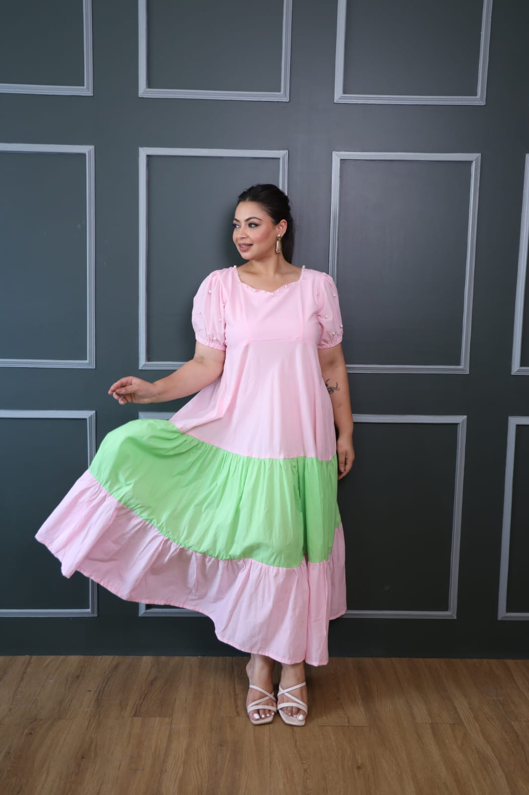 Baby Pink And Green Cotton Tiered Dress