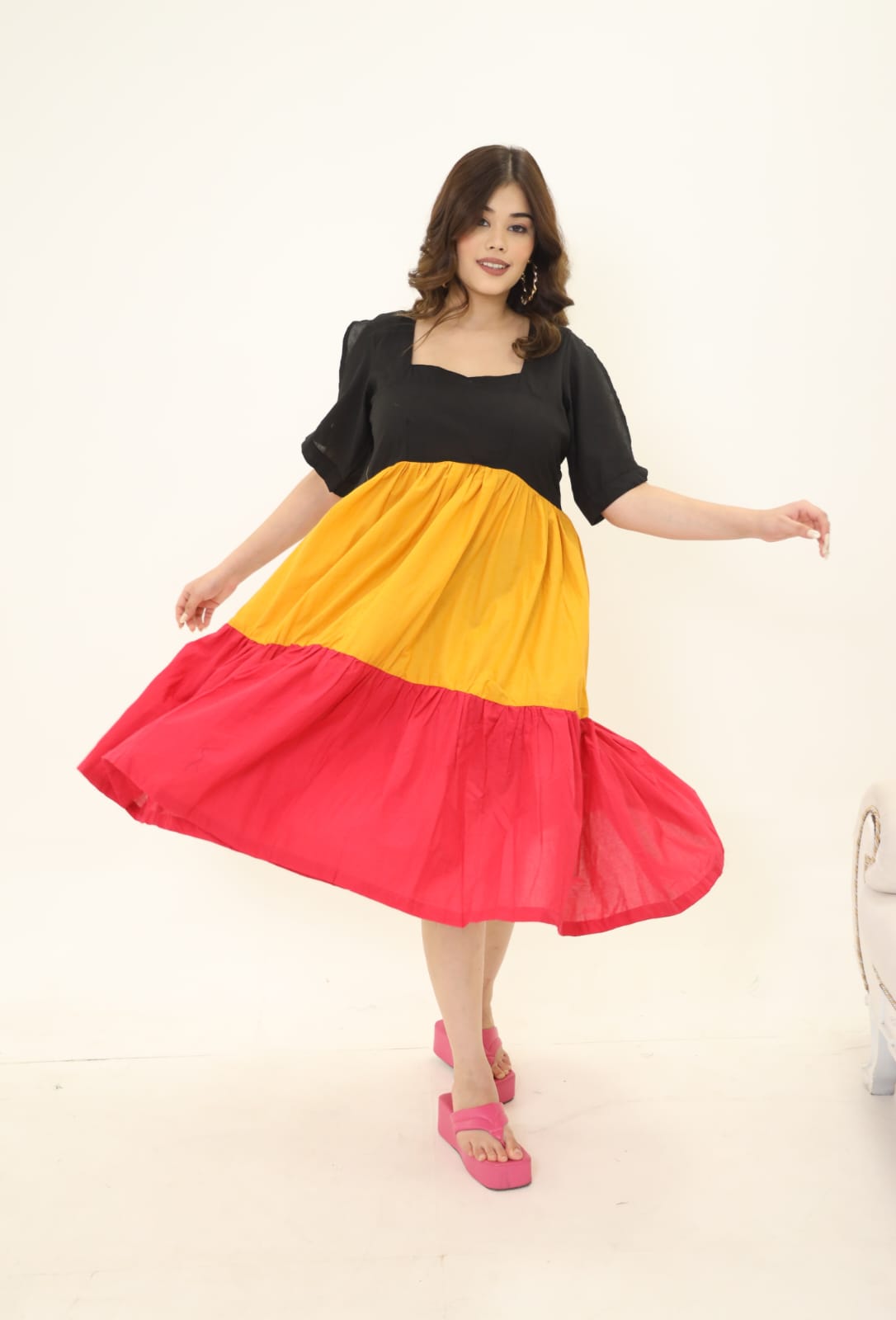 Black Mustard And Red Cotton Tiered Dress