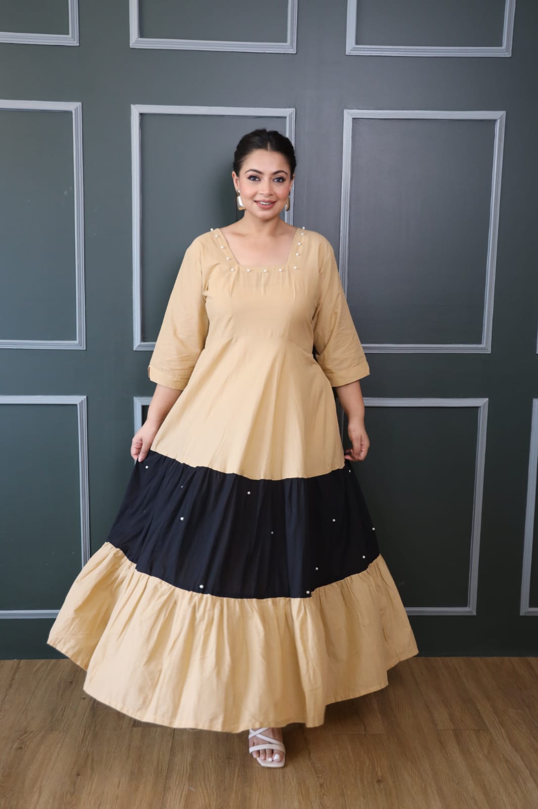 Beige And Black Cotton Tiered Dress