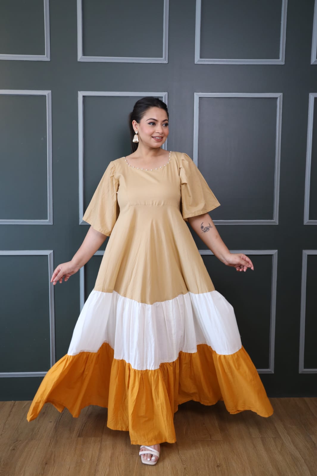 Beige White and Mustard Cotton Tiered Dress