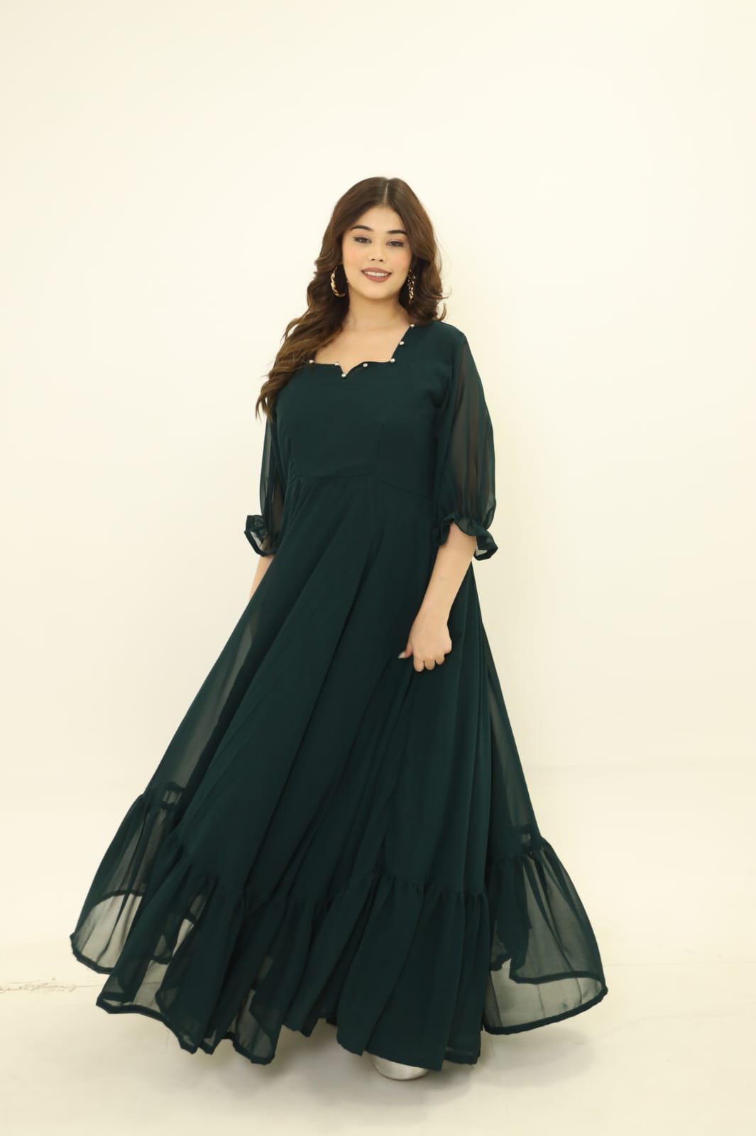 Bottle Green Frill Georgette Dress