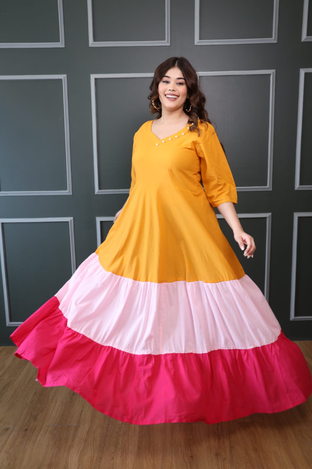 Mustard Pink And Rani Cotton Tiered Dress