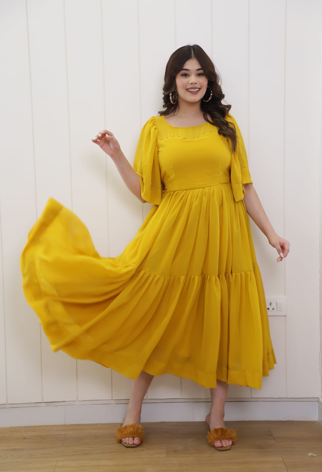 Mustard Tiered Georgette Dress