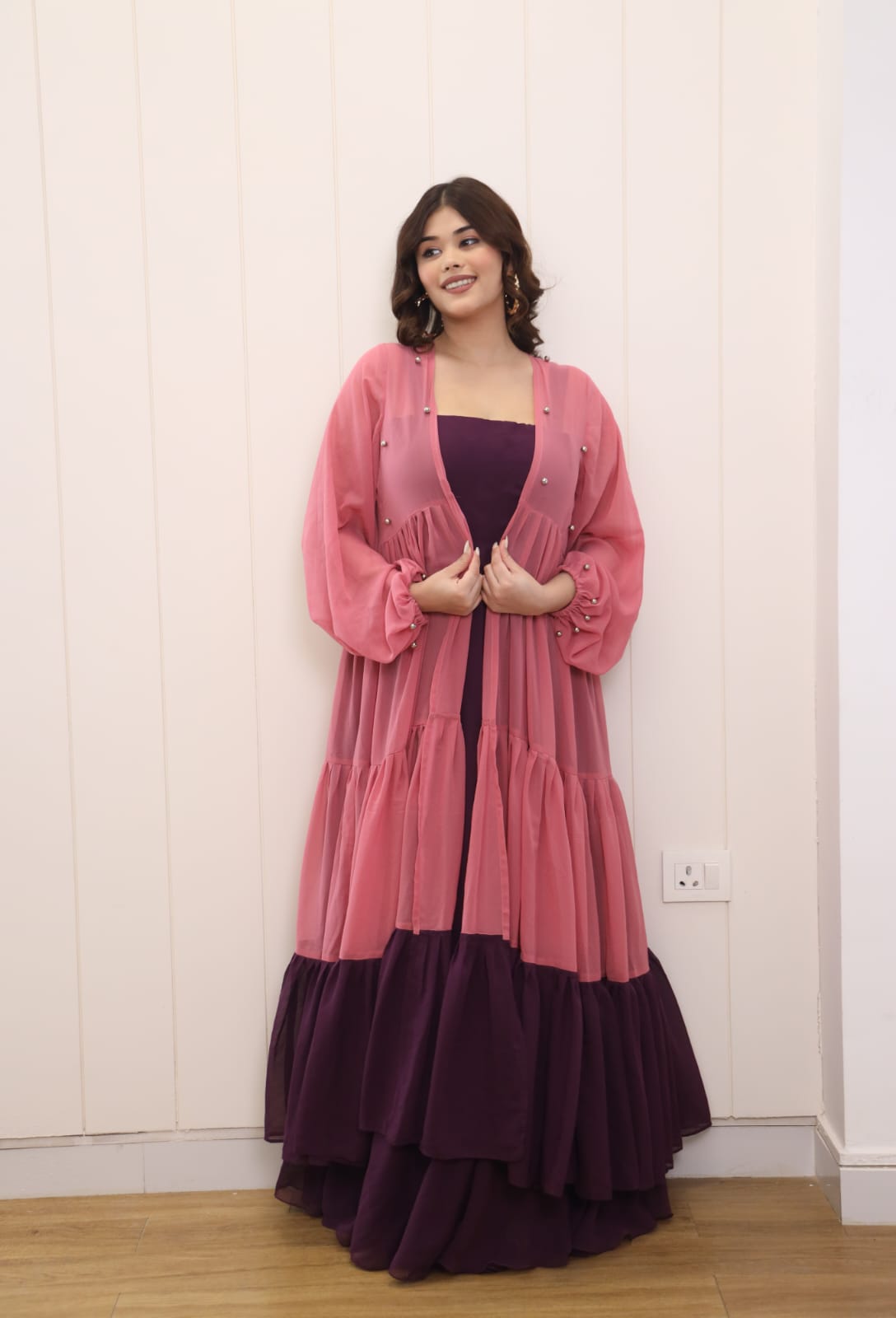 Wine Georgette Dress With Onion And Wine Shrug