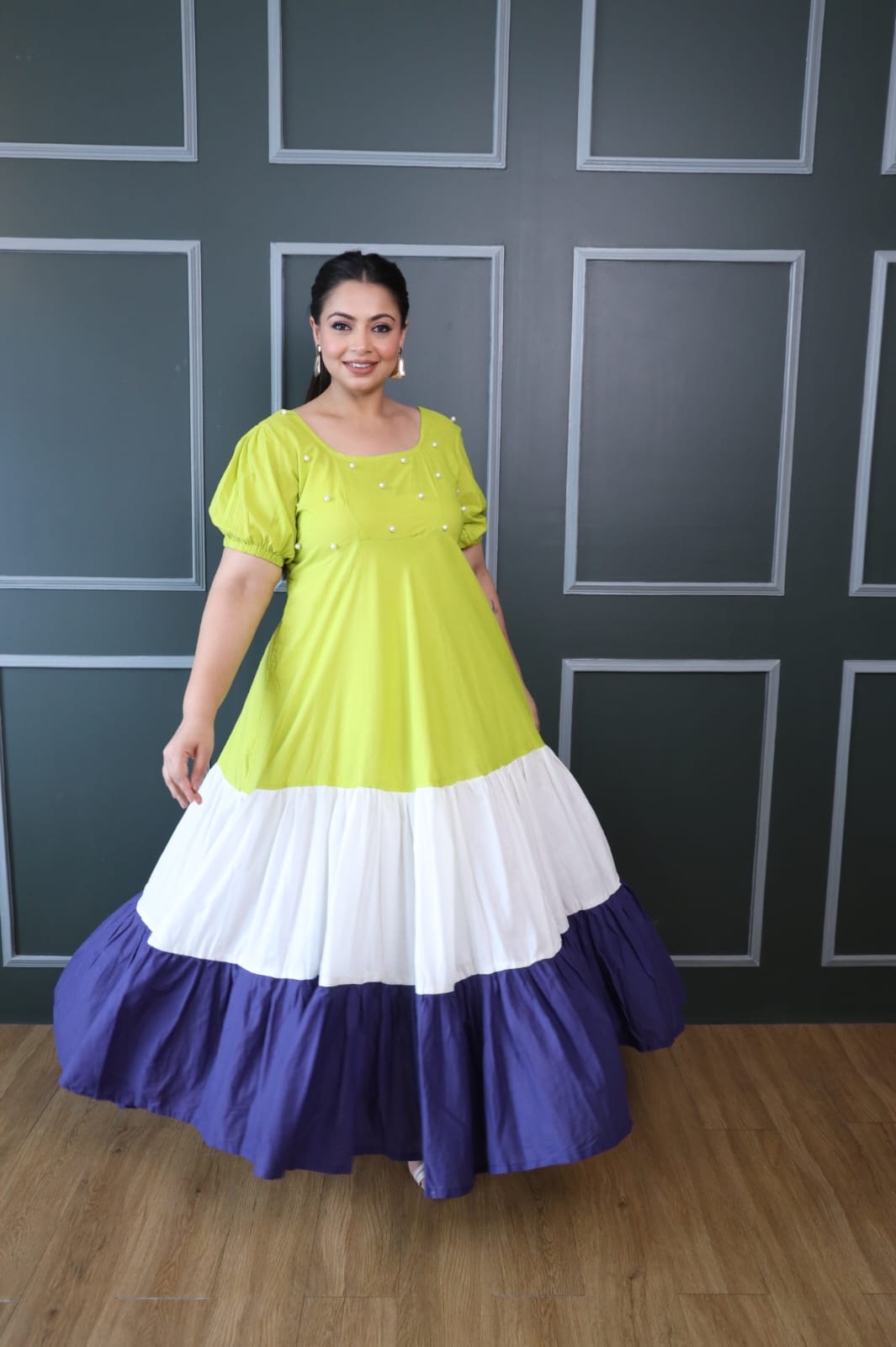 Green White And Purple Cotton Tiered Dress