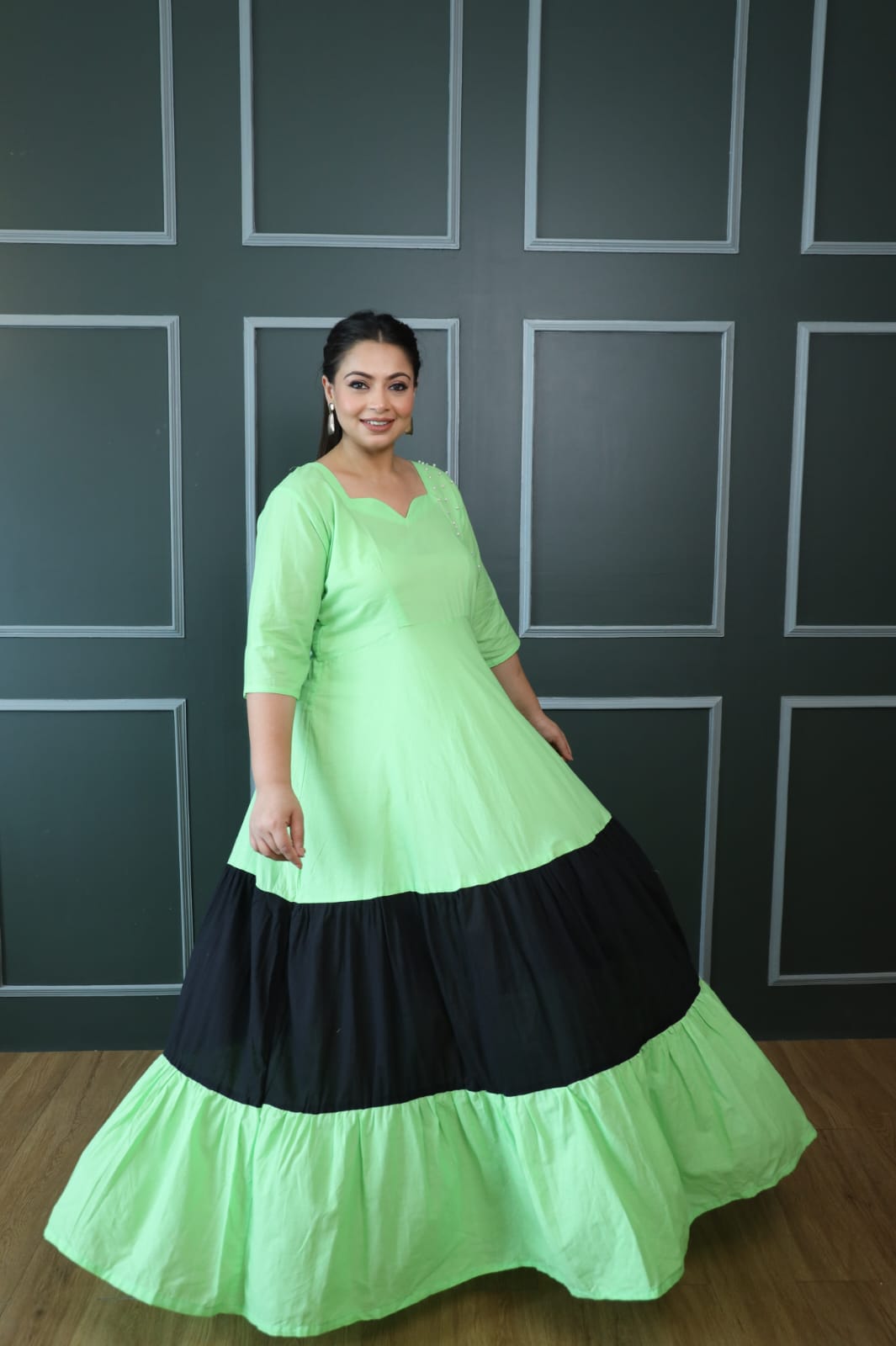 Green And Black Cotton Tiered Dress