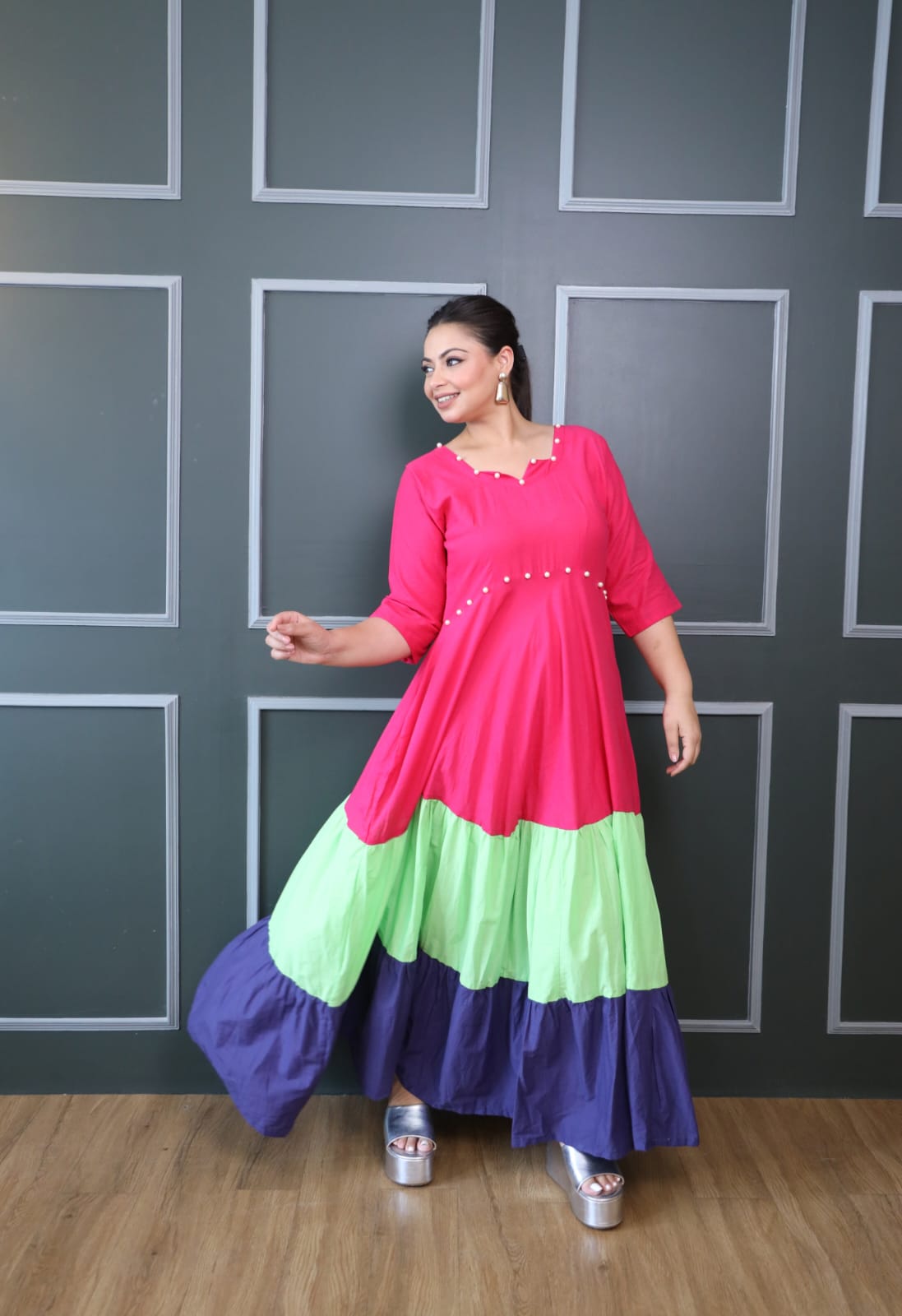 Pink Green And Purple Cotton Tiered Dress