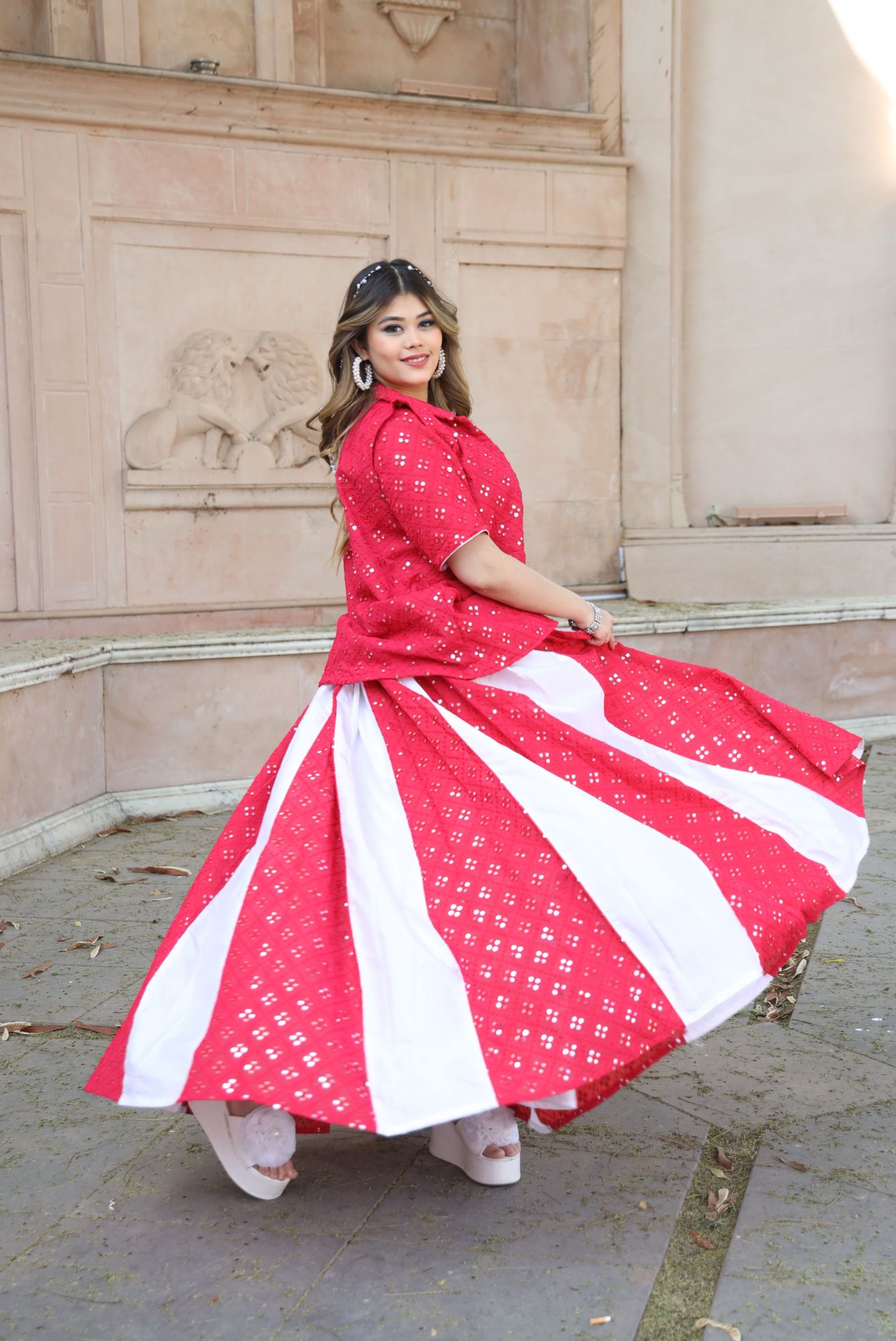 Pink And White Mirror Work Lehenga Set