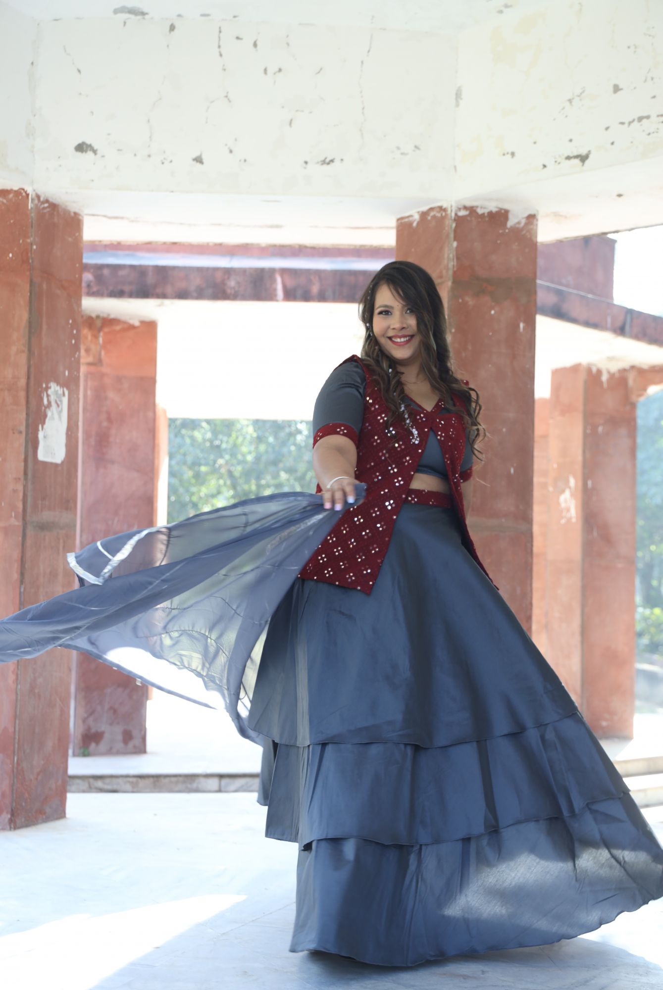 Grey And Maroon Mirror Work Lehenga Set