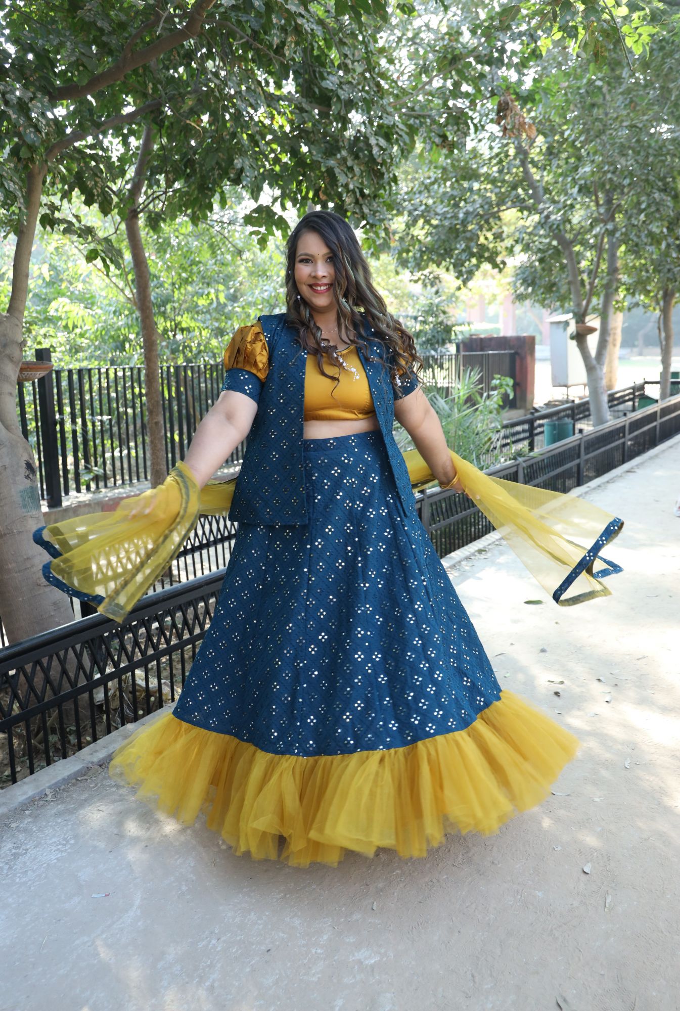 Mustard and Teal Mirror Work Lehenga Set
