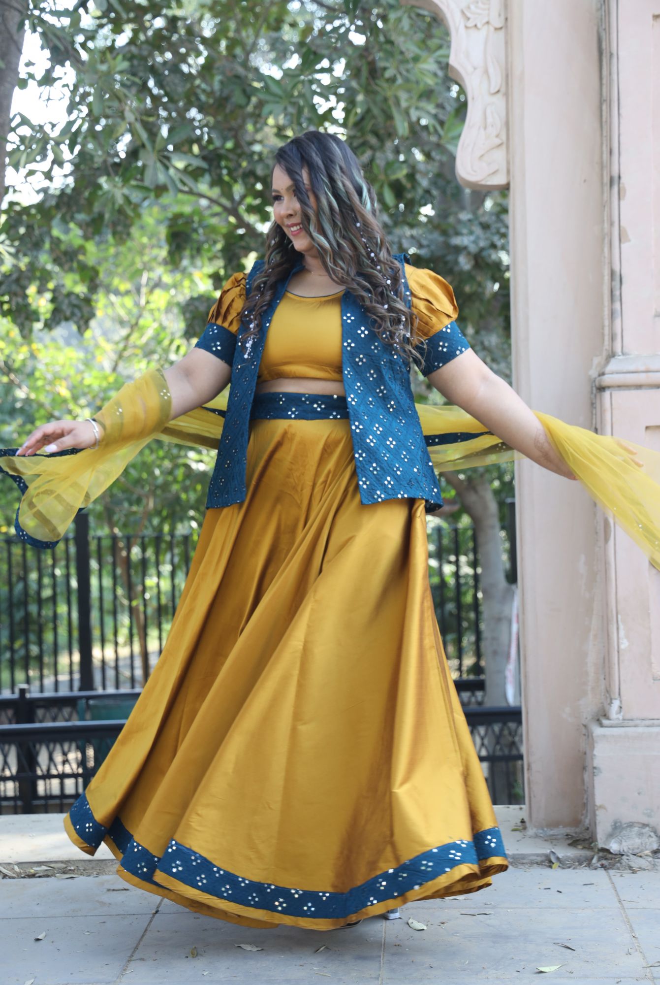 Mustard Mirror Work Lehenga Set