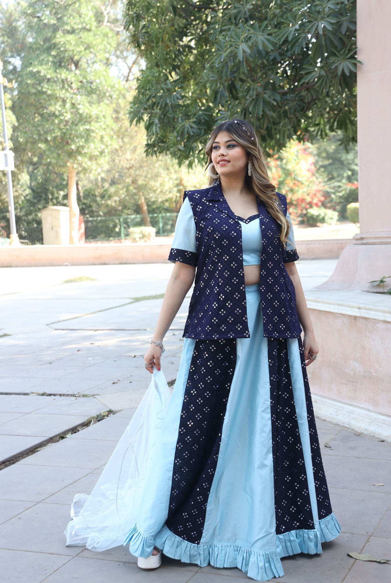 Blue Mirror Work Lehenga Set