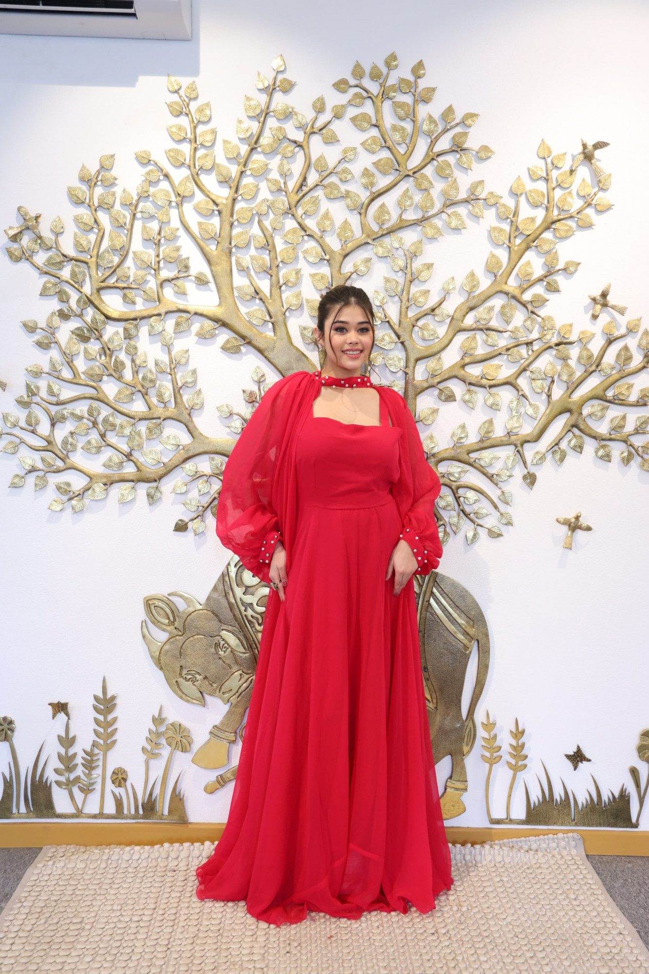 Red Chilli Georgette Dress With Cape Sleeves