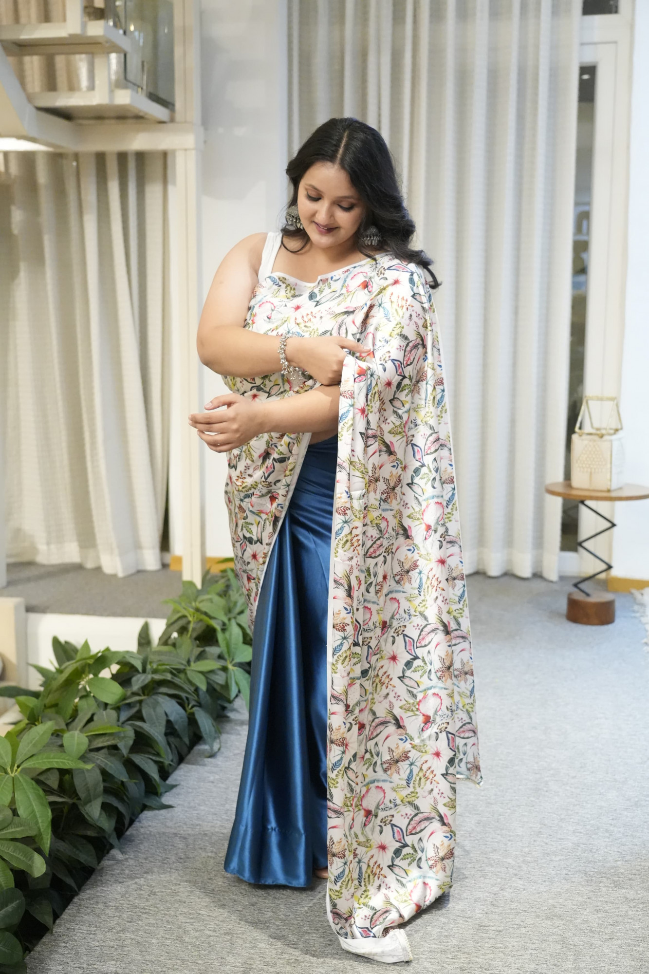 Turquoise Treasure Plus Size Satin Saree