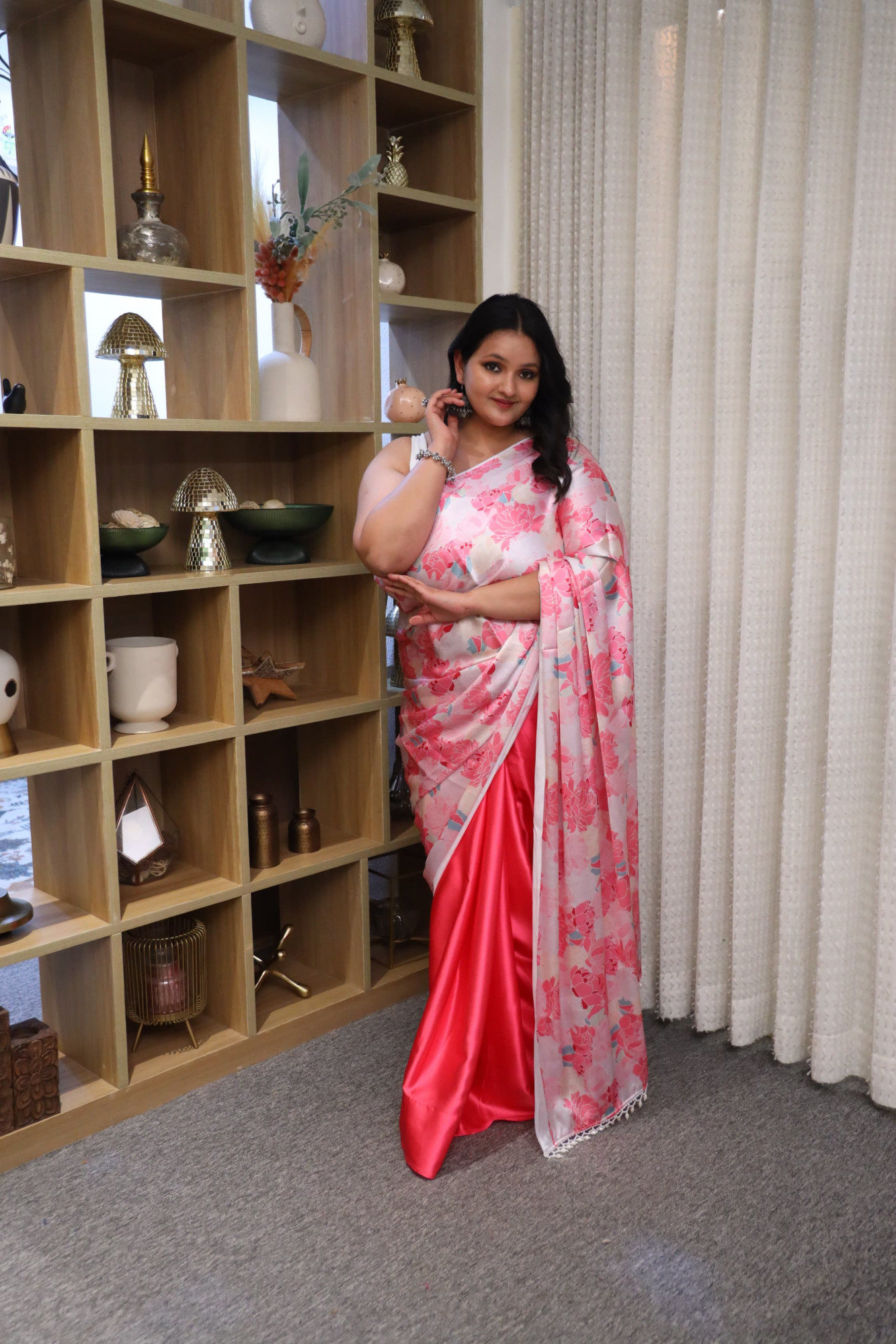 Peachy Leafy Plus Size Satin Saree