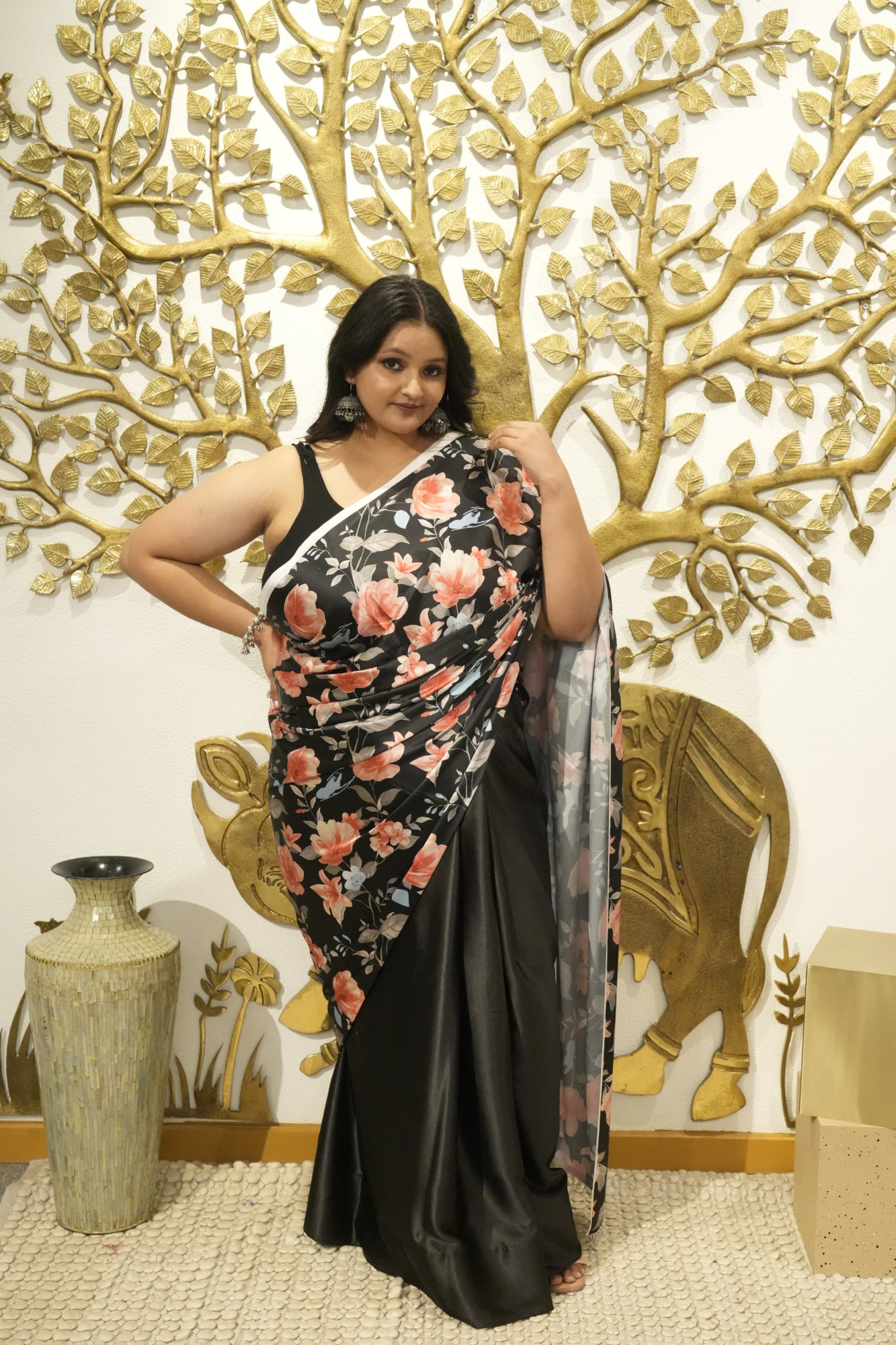 Mystic Black Floral Plus Size Satin Saree
