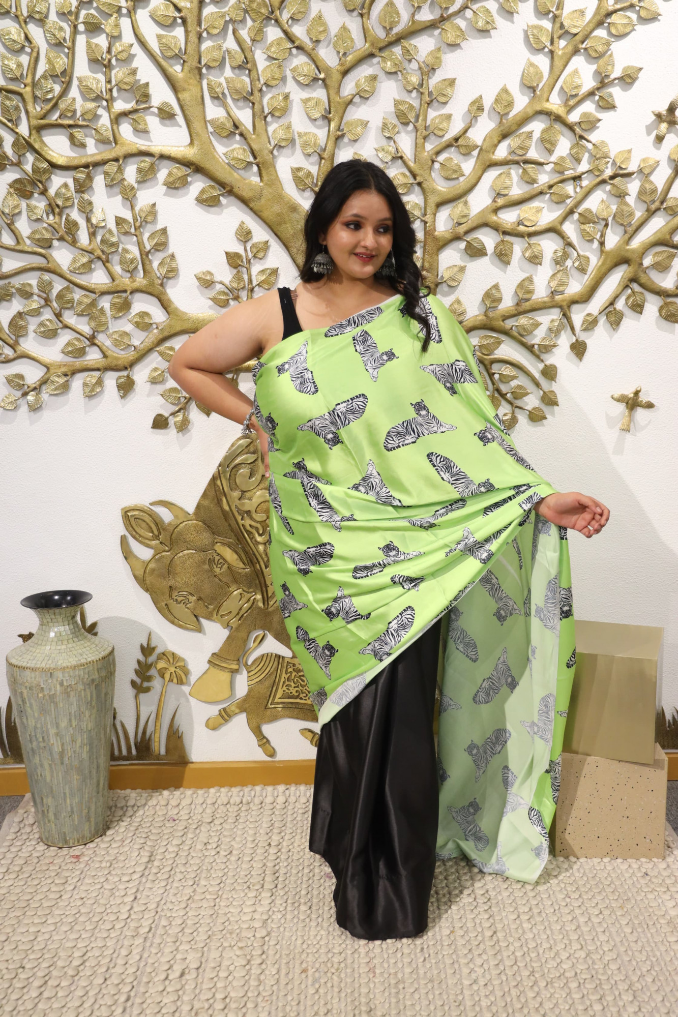 Green and Black Animal Plus Size Satin Saree
