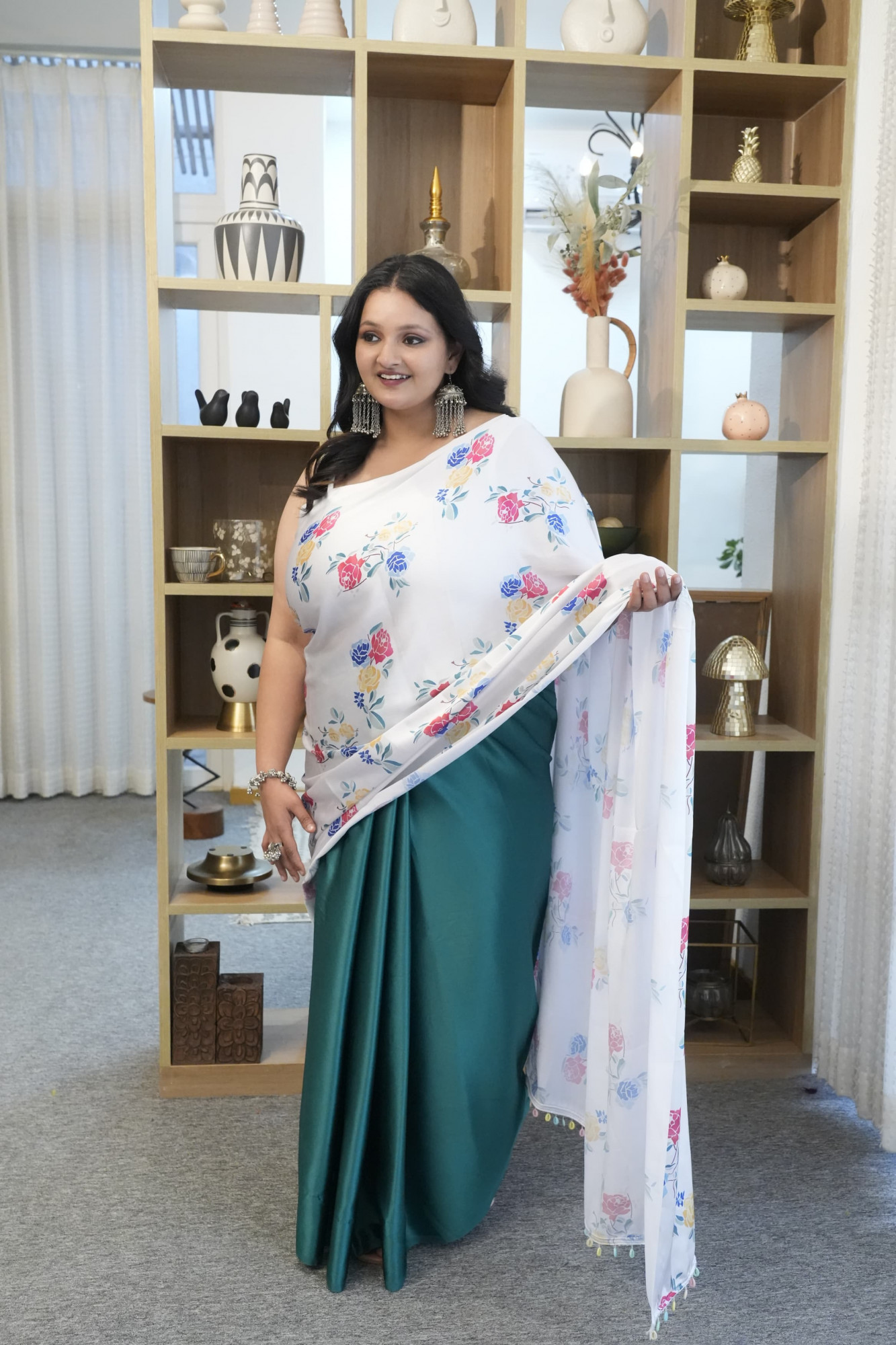White with Colorful Roses Plus Size Satin Saree