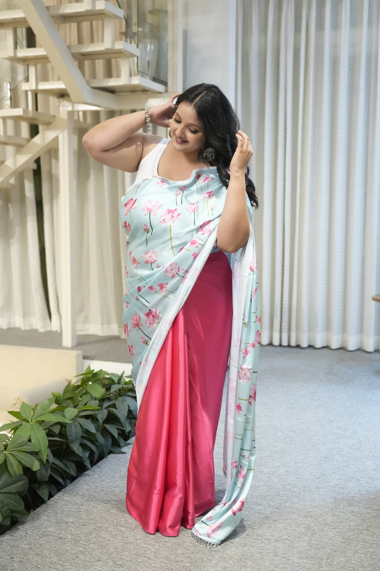 Sky Blue Lotus Plus Size satin Saree