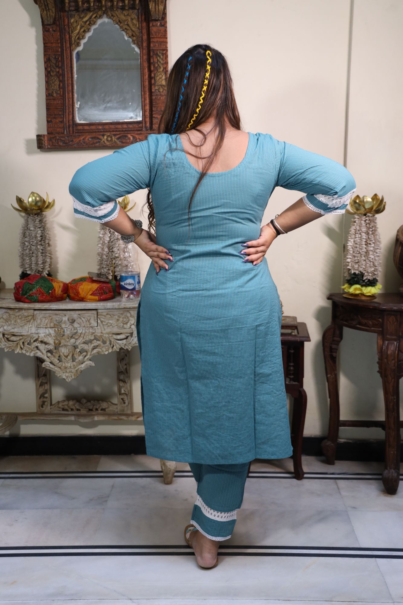 Teal Blue lace kurta set