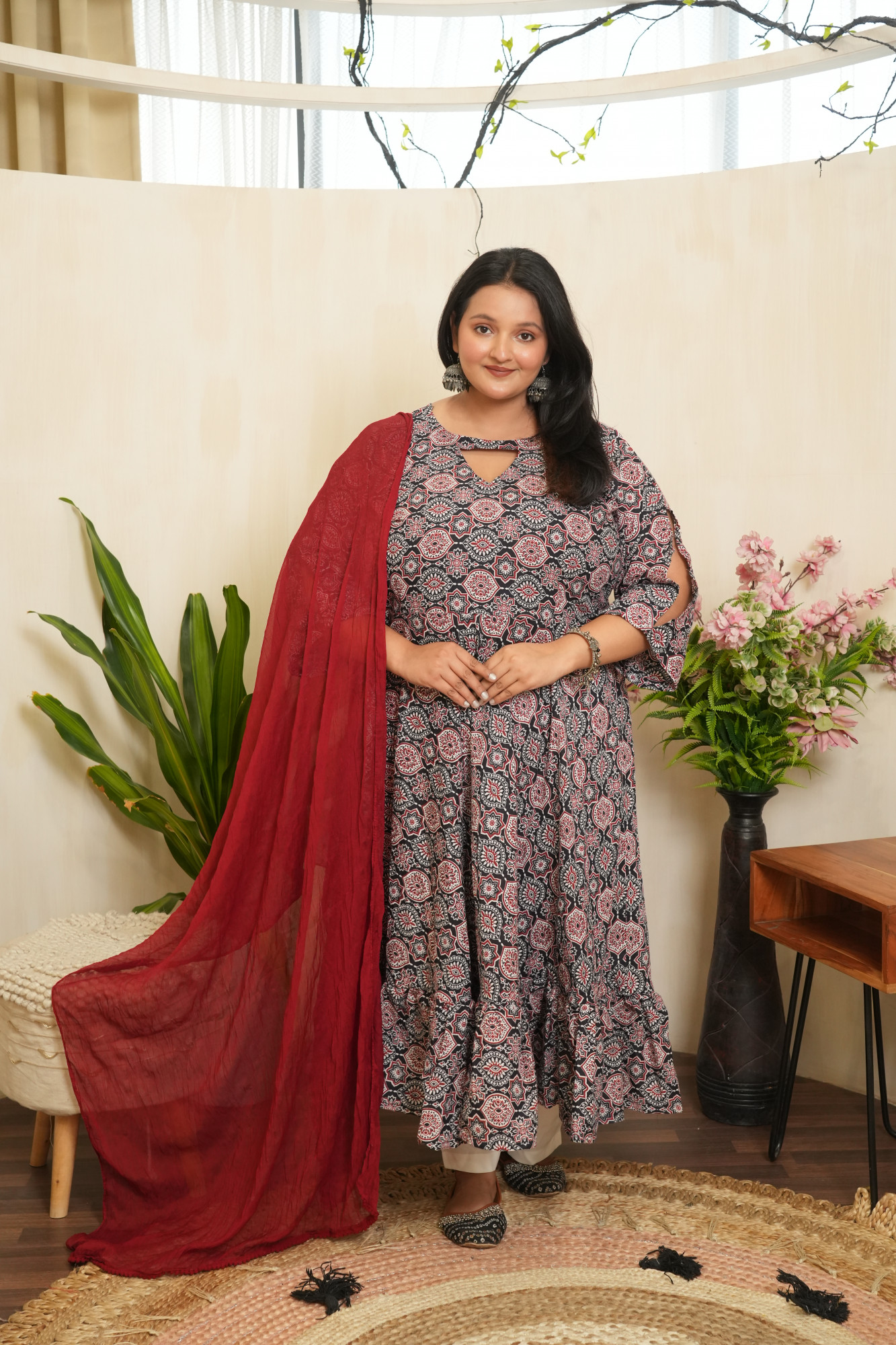 Black And Maroon Printed anarakli set