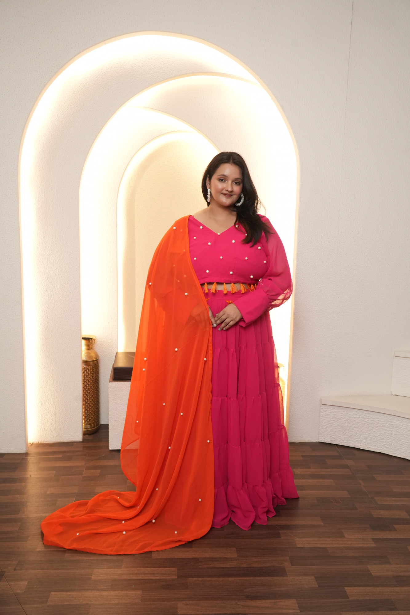 Rani And Orange Magic Tassels Details Georgette Lehenga Set