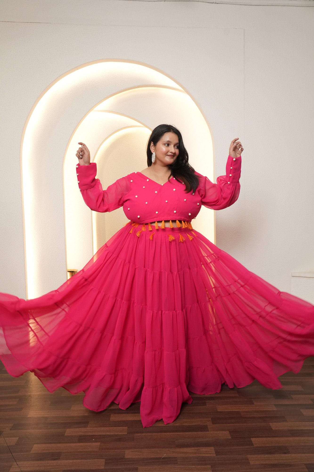 Rani And Orange Magic Tassels Details Georgette Lehenga Set