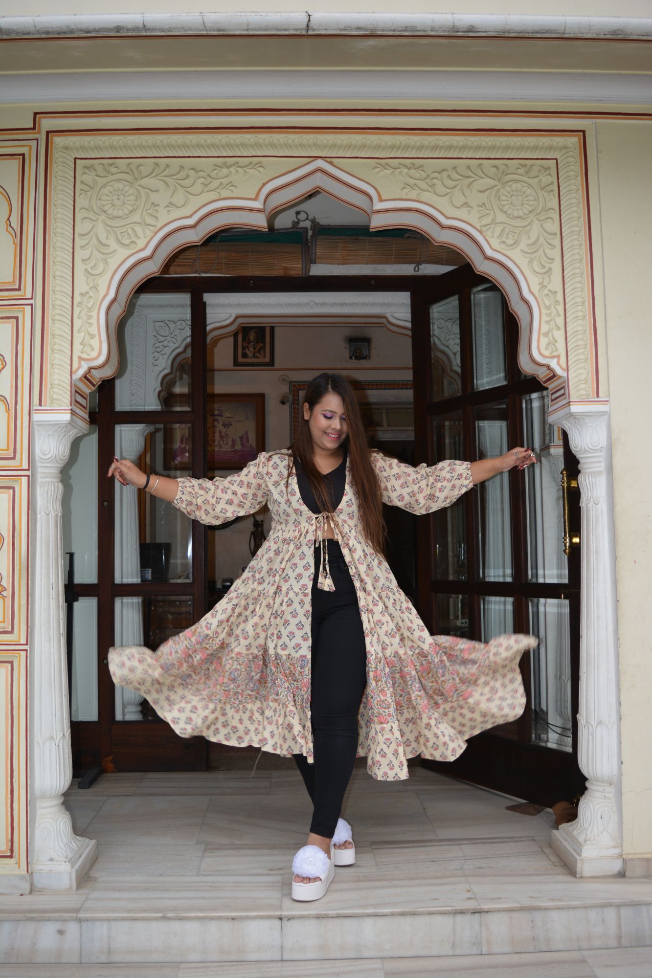 Beige and Peach Printed Shrug