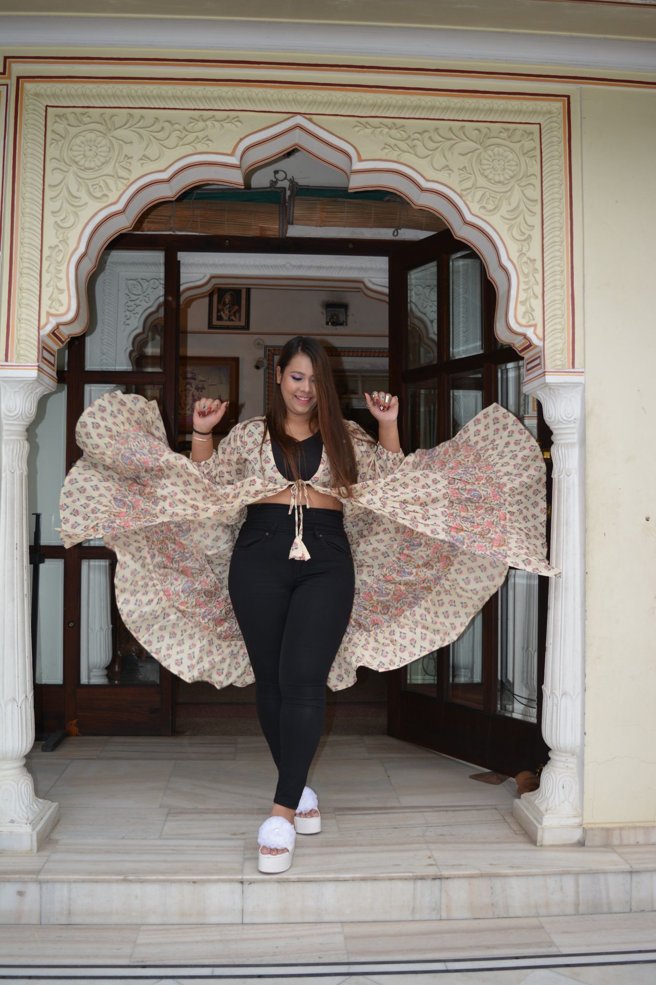 Beige and Peach Printed Shrug