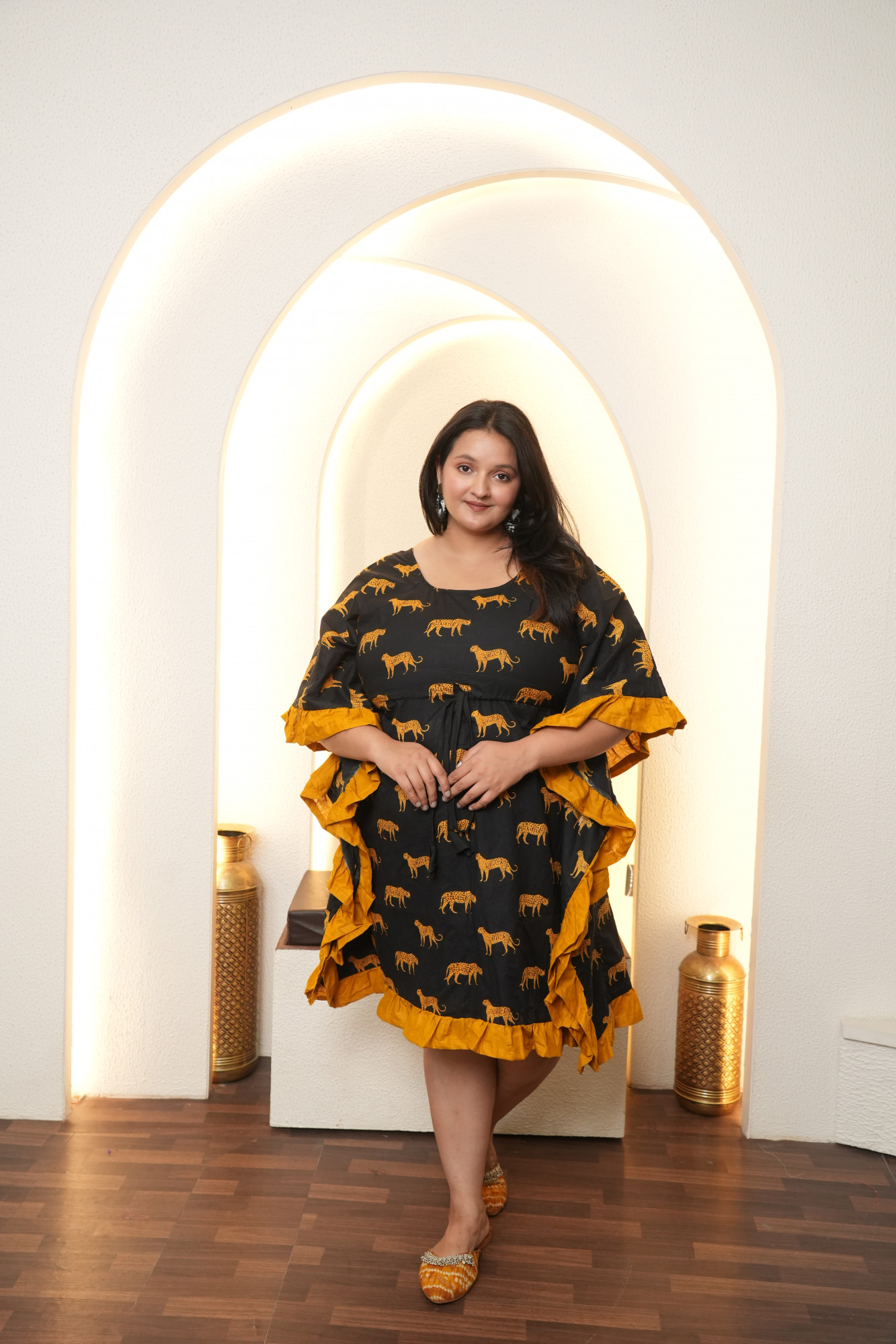 Mustard And Black Animal Kaftan