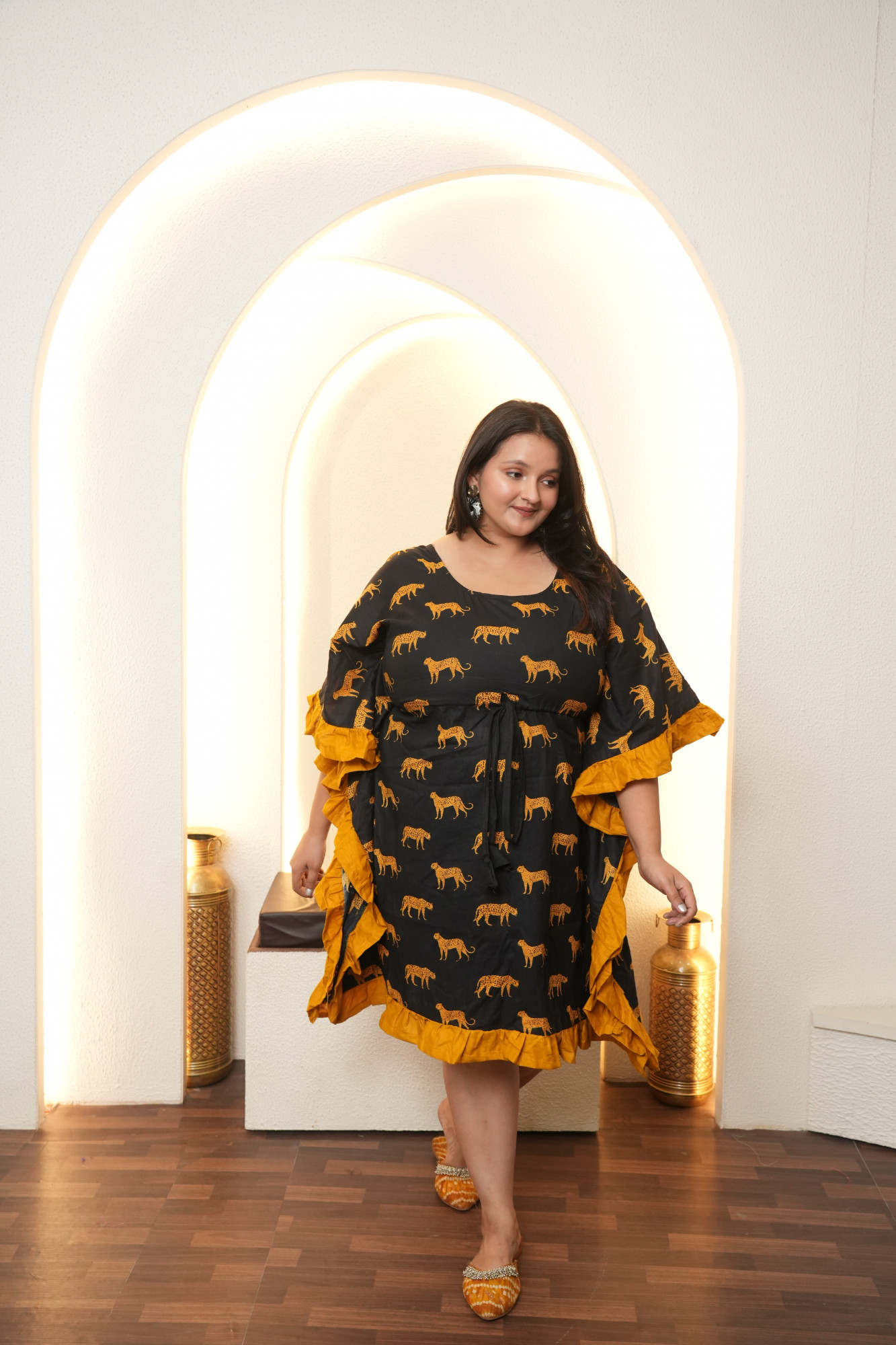 Mustard And Black Animal Kaftan