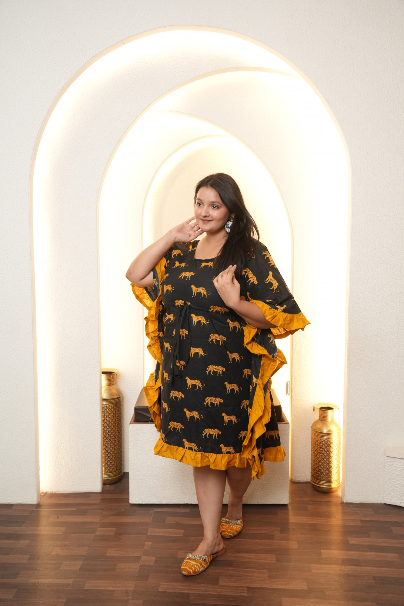 Mustard And Black Animal Kaftan
