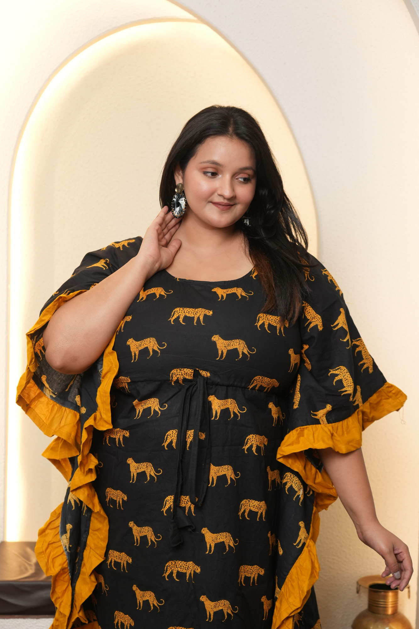 Mustard And Black Animal Kaftan
