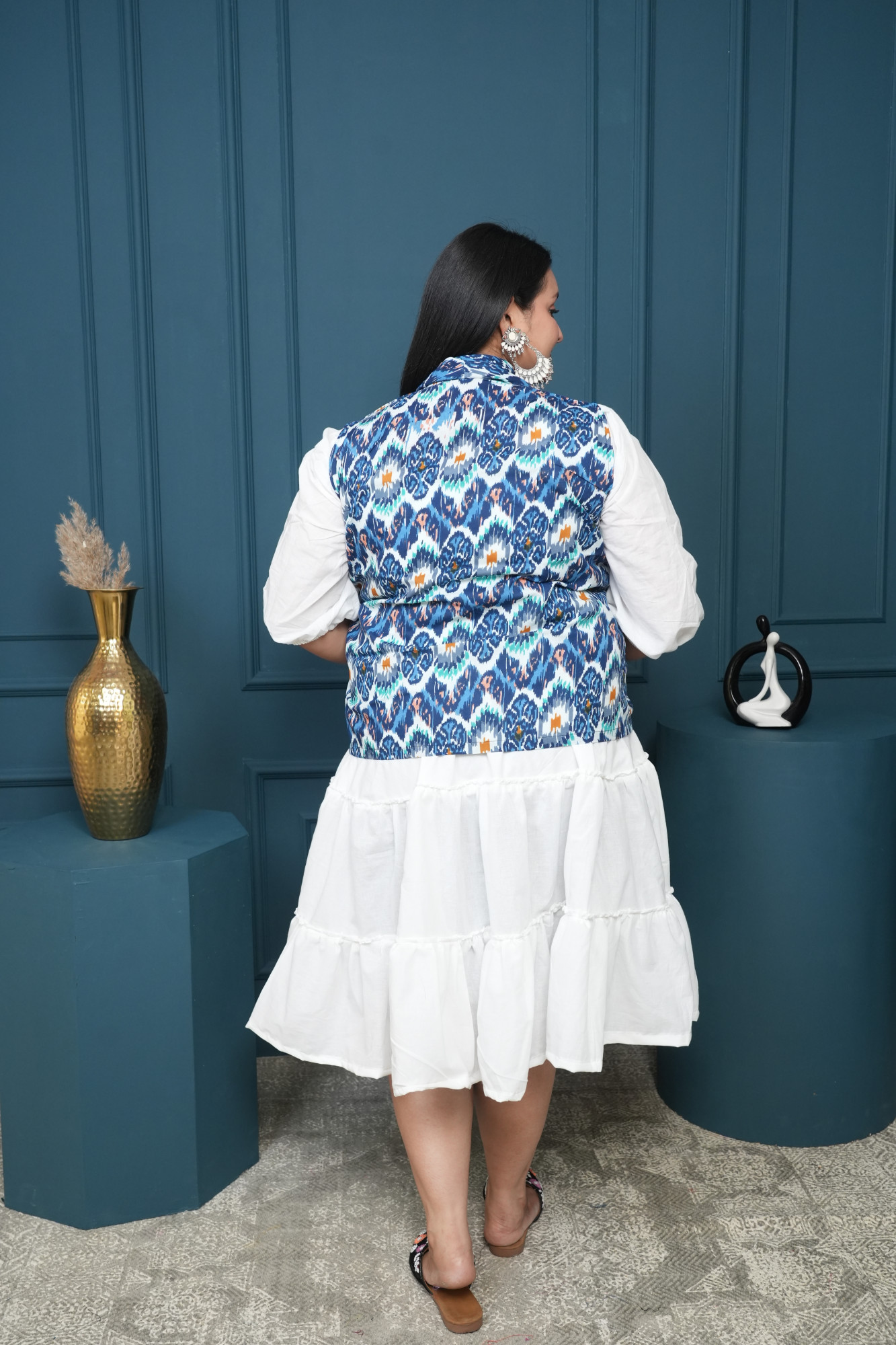 White Dress With Blue Printed Jacket